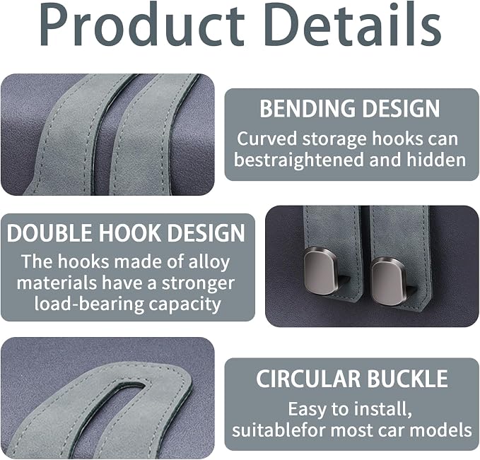 2 Pack Car Seat Headrest Hooks for Purses and Bags, Car Purse Holder With Double Metal Hooks, Headrest Back Seat Handbags Hook, Universal Car Purse Hanger, Cute Car Hanging Accessories, Grey