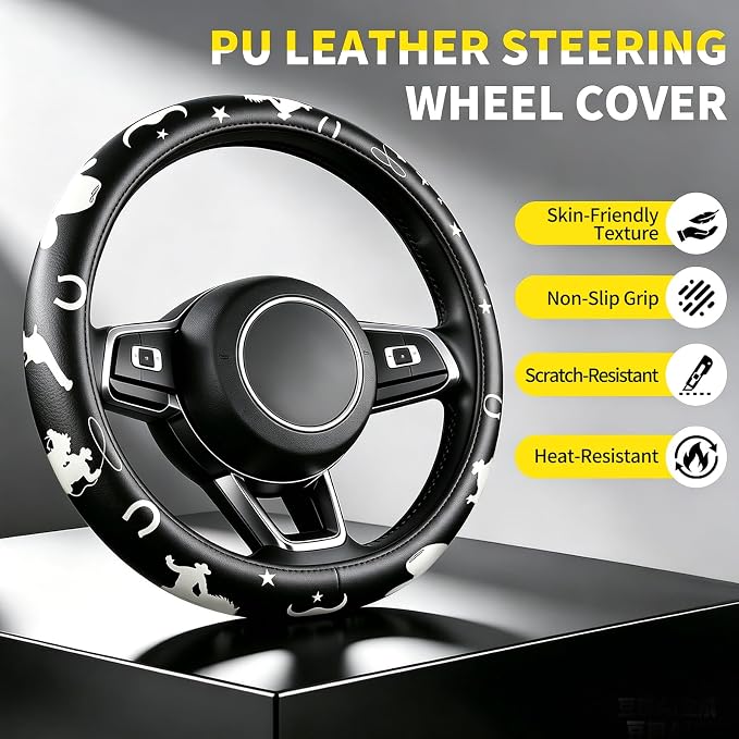 Western Cowboy Pattern PU Leather Steering Wheel Cover, Non-Slip Neoprene Lining, Universal Fit 14.5-15 Inch for Car, Truck, SUV