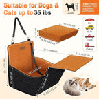 Elevated Dog Car Seat, Dog Booster Car Seats for Small & Medium Breeds Up to 35lbs, Fully Detachable and Washable, Soft Foam Pet Carseat with 2 Storage Pockets & 3 Safety Belts, Black + Brown