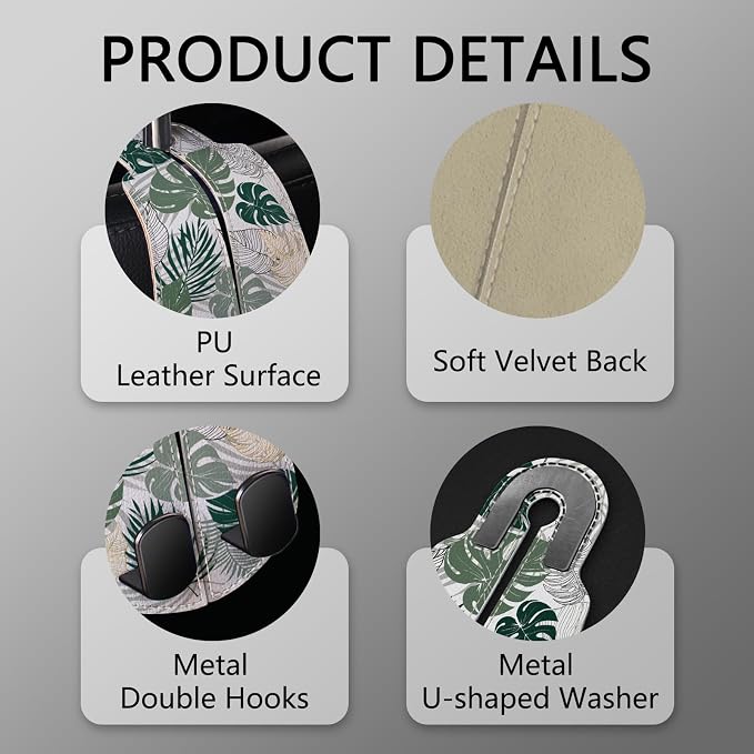 2PCS Car Seat Back Storage Headrest Hooks, Tropical Leaf Purse Holder Bags Hanger, PU Leather Double Metal Hook for Backseat Organizer, Women Car Accessories Organization