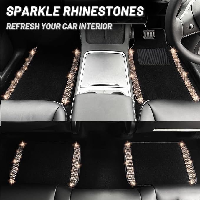 12 Pcs Bling Car Accessories Set for Women Car Floor Mats Full Set Steering Wheel Cover Seat Belt Covers Coasters Universal Fit Car SUV Truck Van Champagne