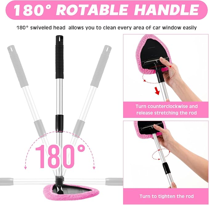 10 Pcs Windshield Cleaner Tool Car Window Cleaning Supplies with Extendable Handle Include 6 Washable Microfiber Bonnets 2 Empty 60ml Spray Bottle Glass Wiper Kit(Pink)