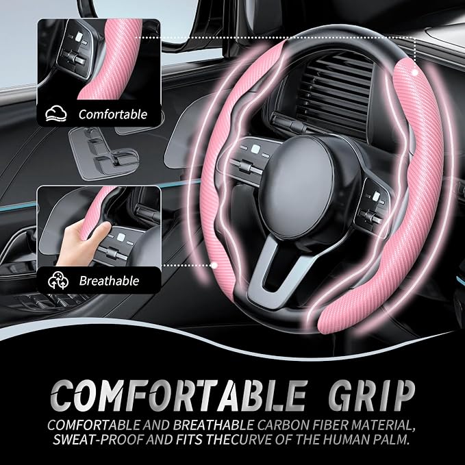 2pcs Car Steering Wheel Cover,Anti-Skid Carbon Fiber Steering Wheel Protector for Men Women,Multiple Color Options,Universal for Most Car Interiors Accessories (Pink)