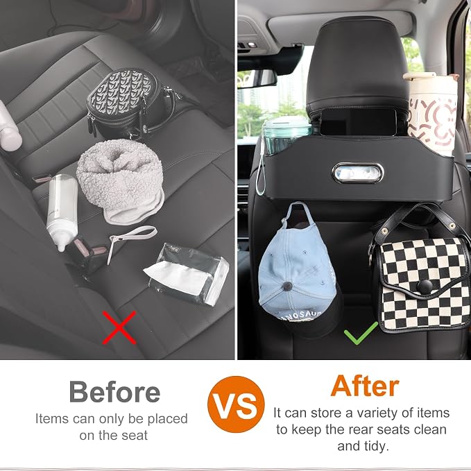 Back Seat Cup Holder for Car – Multifunctional Seat Back Organizer with Drink Holders, Tissue Box Storage & Hooks, Fits Headrest for Auto. Black