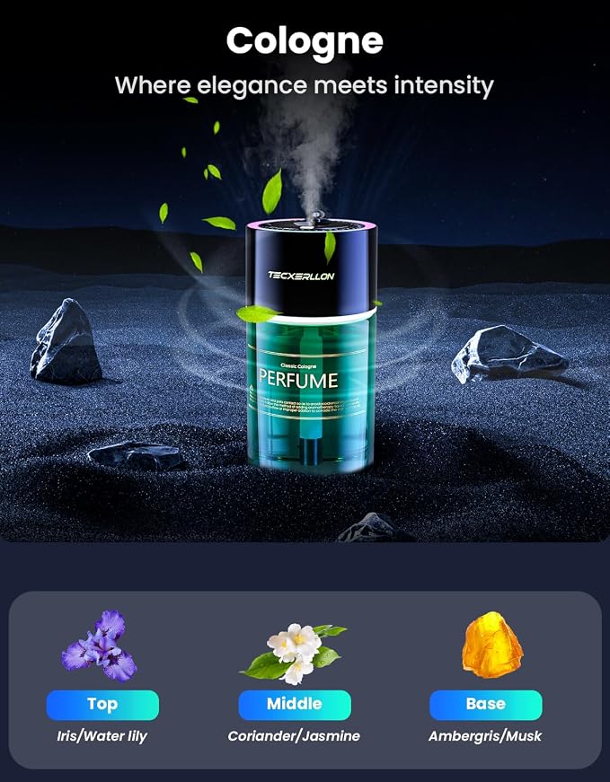 Smart Car Air Freshener Diffuser with Star Light, 120ml Perfume, Long Lasting, Auto On/Off, 4 Mist Modes, Rechargeable Car Aroma Diffuser Aromatizante Para Carro for Home, Office-Cologne