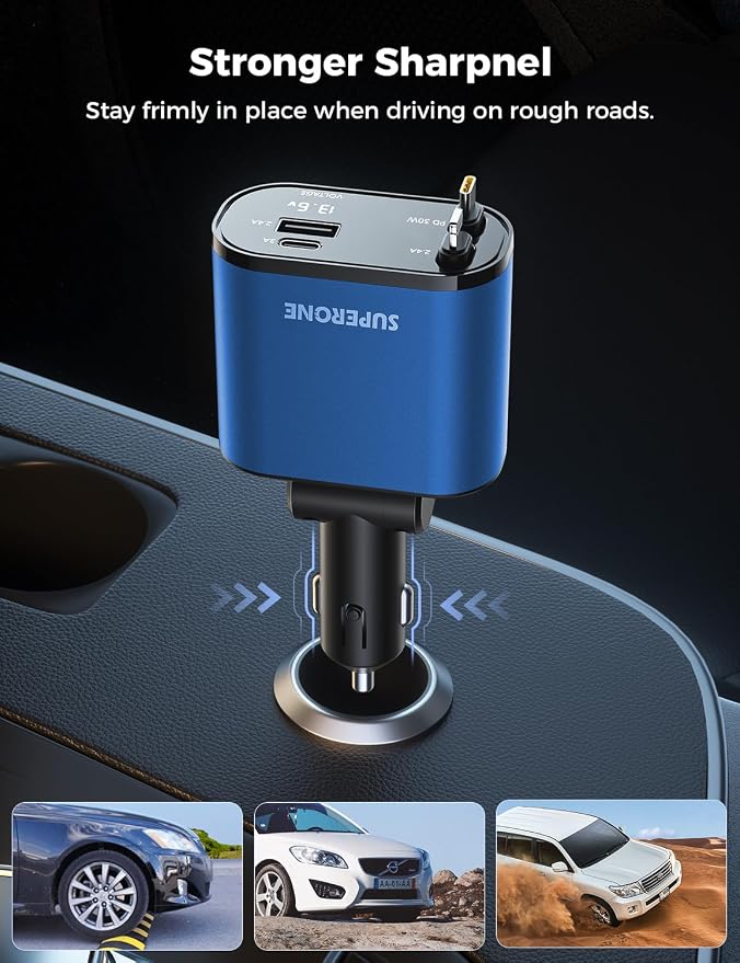 【Upgraded】 Retractable Car Charger 4 in 1, Fast Car Phone Charger with Cord 2.6ft, USB C and Apple Car Charger Adapter, Compatible with iPhone 17/16/15/15 Pro Max/14/13/12/11, Galaxy, Pixel