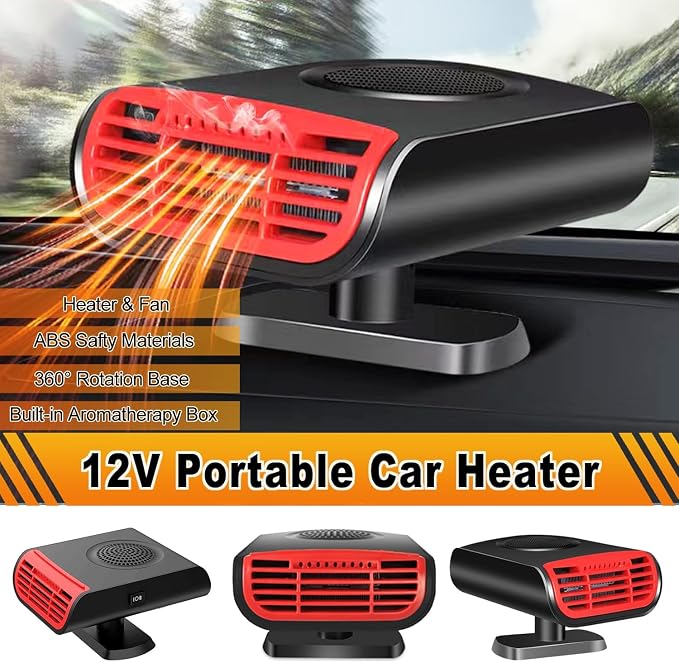 12V Car Heater & Defroster, 3-in-1 Multi-Function Windshield Heater with Fast Heating, Defrost, Defog & Air Purification | 360° Adjustable Plug In Portable Heaters for Vehicle, SUV, RV, Truck