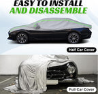 Half Car Cover with Green Reflective Strip, Windshield Cover for Ice and Snow with Cotton Liner, Hail Protector Car Cover Waterproof All Weather for Snow, Sun, Rain, Dust, UV Protection Fit SUV M