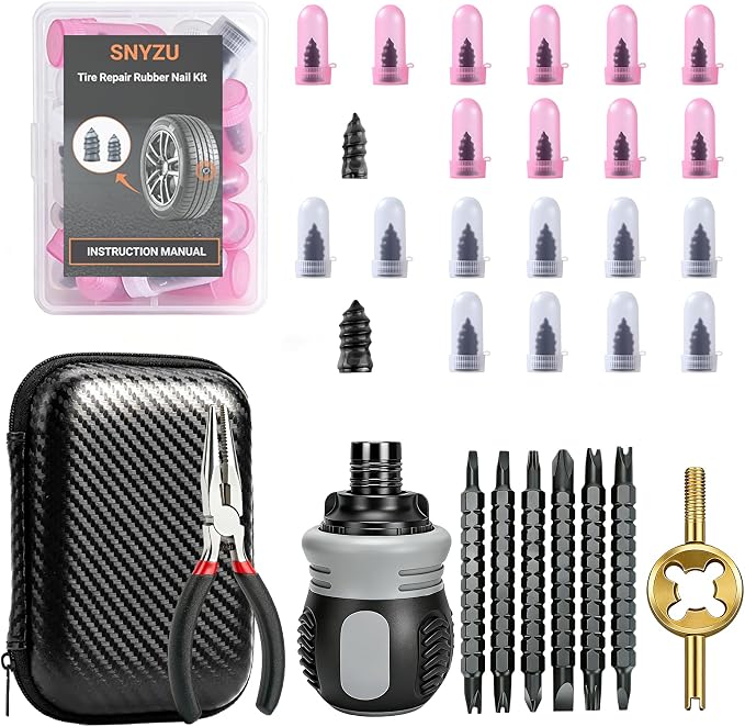 29PCS Tire Repair Rubber Nail Kit, Premium Spiral Screw-in Tire Plugs with 2 Sizes, Tire Repair Kit Emergency Roadside Flat Tire Fix Tool for Car Truck Motorcycle Tractor ATV SUV
