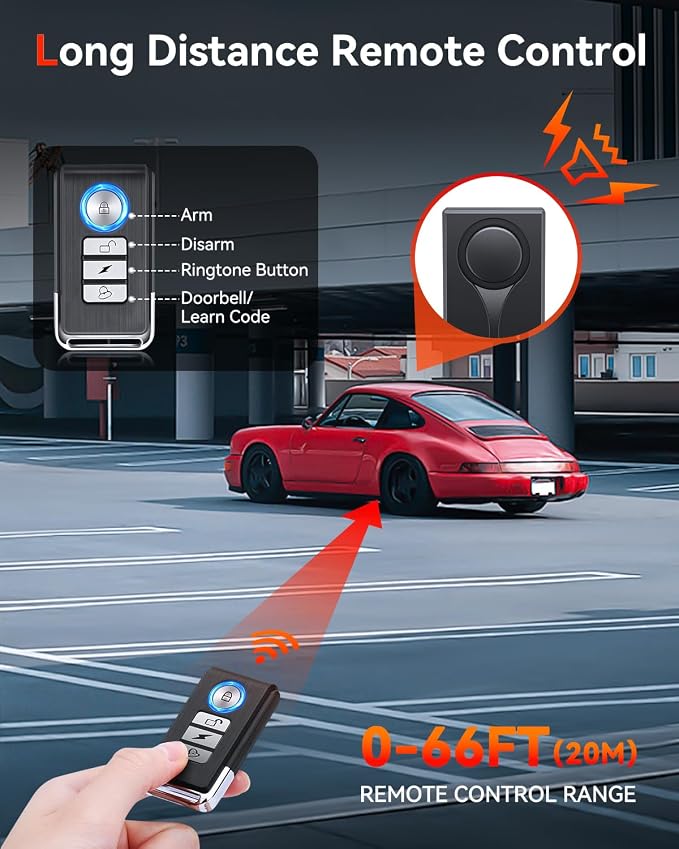 Car Anti-Theft Vibration Alarm, 108dB Automobile Vibration Sound & Light Alert, Wireless Remote Car Alert Automotive Warning Interior Safety Light