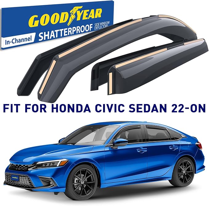 Goodyear Shatterproof in-Channel Window Deflectors for Honda Civic 2022-2026 Sedan, Rain Guards, Window Visors for Cars, Vent Deflector, Car Accessories, 4 pcs - GY008433