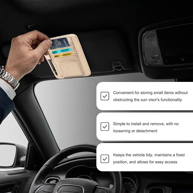 Car Sun Visor Organizer, Leather Auto Visor Card Holder with Sunglasses Clip, Multifunctional Sunvisor Storage Pouch Vehicle Interior Pocket for Driving License Pen Ticket (Beige)