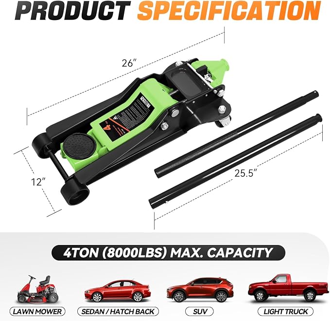 4 Ton Low Profile Floor Jack, Heavy Duty Steel Hydraulic Car Jack with Dual Pistons Quick Lift Pump, Hydraulic Racing Floor Jack, Lifting Range 4.5" to 20", Green