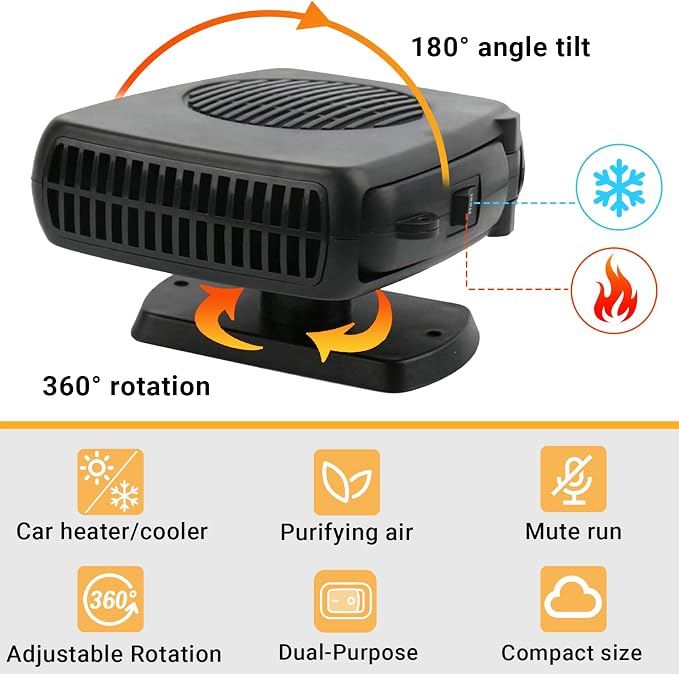 Car Heater, Car Heater That Plugs into Cigarette Lighter, 12V 200W Portable Car Heaters and Car Defroster Windshield Defogger, Heater for Car with 360 Degree Rotary Base
