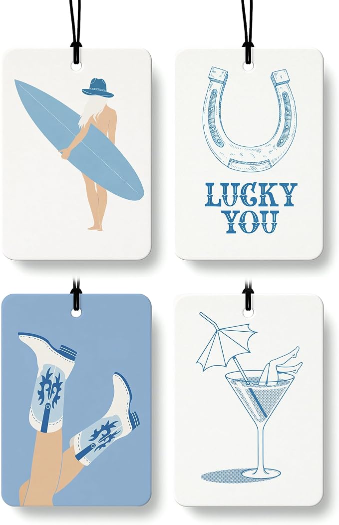 Blue Coastal Cowgirl Car Air Freshener 4 Pcs Coconut Scented, Horseshoe Martini Cowgirl Car Accessories Mirror Decor for Women, Western Hanging Air Freshener for Cars Closet Drawer Books