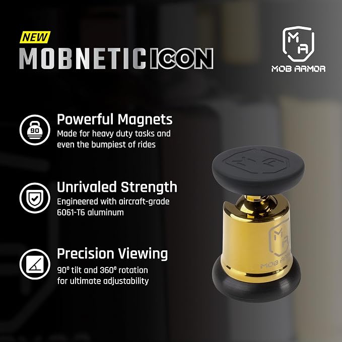 MobNetic Icon Car Phone Mount, Magnetic Phone Holder for Car w/ 90lb Pull Force, 90º Tilt & 360º Rotation, Aluminum Build, Compatibility for iPhone & Android (Gold)