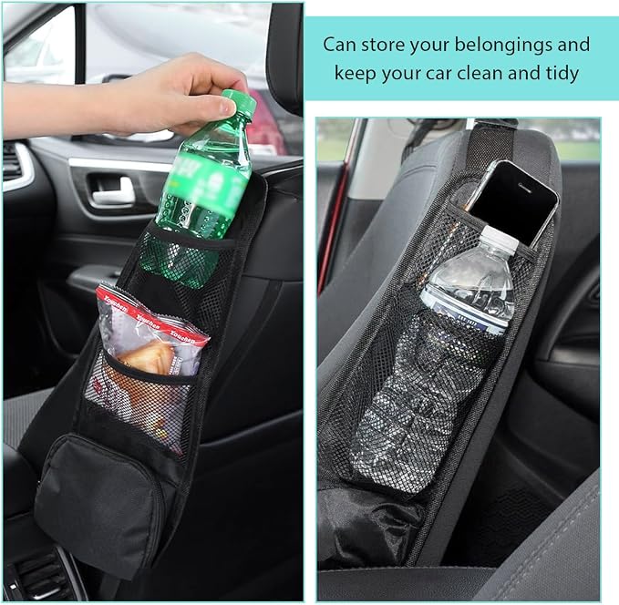 Car Seat Side Organizer, Front Seat Side Hanging Bag with Mesh Net Pockets, Multi-Pocket Vehicle Stuff Holder for Mobile Phone Wallet Drink, Universal Car Accessories