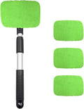 Car Windshield Cleaner Tool, Detachable Car Window Cleaner with Aluminum Extendable Handle & 2 Reusable Cloth Pads, Washable Vehicle Windshield Cleaning Wand for Exterior (Green)