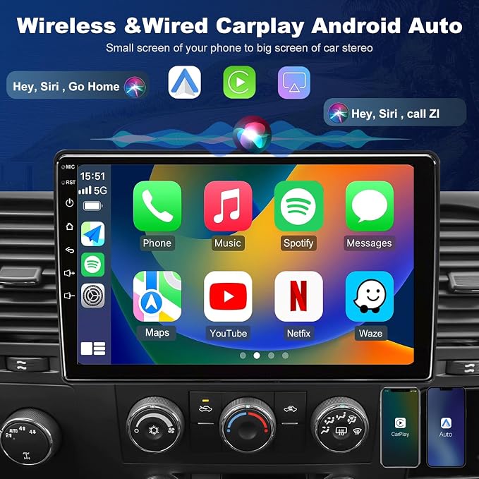 4+64GB 5GWiFi6 Upgrade Car Radio for Chevy Silverado 1500 GMC Sierra 1500 2007-2013, Tahoe Yukon 2007-2014, Equinox Acadia Savana 10" Touch Screen Stereo, Wireless Carplay Android Auto Camera GPS FM