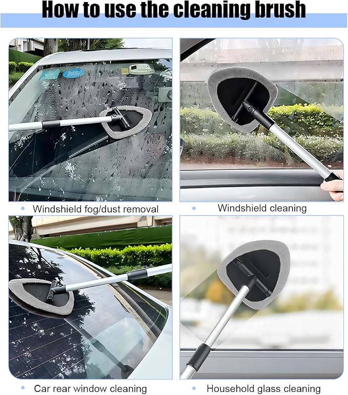 Car Windshield Cleaner Tool, Vehicle Window Detailing Cleaning Kit with Extendable Handle & 4 Washable Microfiber Pad, Auto Glass Wiper Cleaner for Exterior & Interior, Universal Fit (Gray)