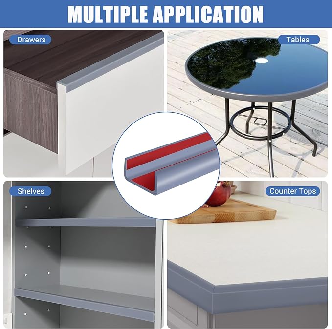 Slimline Cabinet Door Edge Protector, 3/4" Self Adhesive Peel and Stick Rubber Edge Guards, Flexible U Shaped Strips for Kitchen & Garbage Drawer Fronts, Edge Trims for Desks and Shelfves, Grey, 10Ft