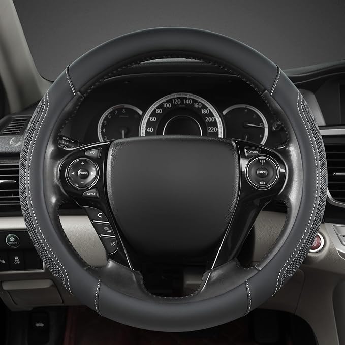 Microfiber Leather Steering Wheel Cover for Honda Accord,Civic,CR-V,HR-V,Pilot(Black+Gray Line-Standard Size)