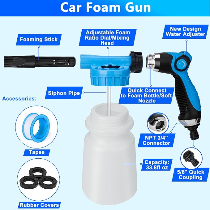 Car Wash Kit, Car Detailing Kit with Foam Gun, Car Wash Brush Mop and Large Folding Bucket Suitable for Car Cleaning, Blue Car Wash Set Gift for Men and Women