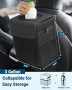 Car Trash Can with Lid, Leakproof Car Trash Bag Hanging Waterproof Automotive Garbage Can with Storage Pockets Mini Vehicle Trash Bin for Back/Front Seat(Black,3 Gallon)