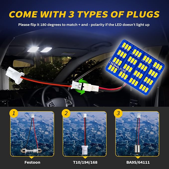 Car Interior LED Lights Accessories with 194 168 T10 / BA9S / DE3175 6418 211-2 578 Festoon Adapters, 48-SMD Panel Lamps for Dome Map Door Trunk Courtesy License Plate Lights (6000K White)