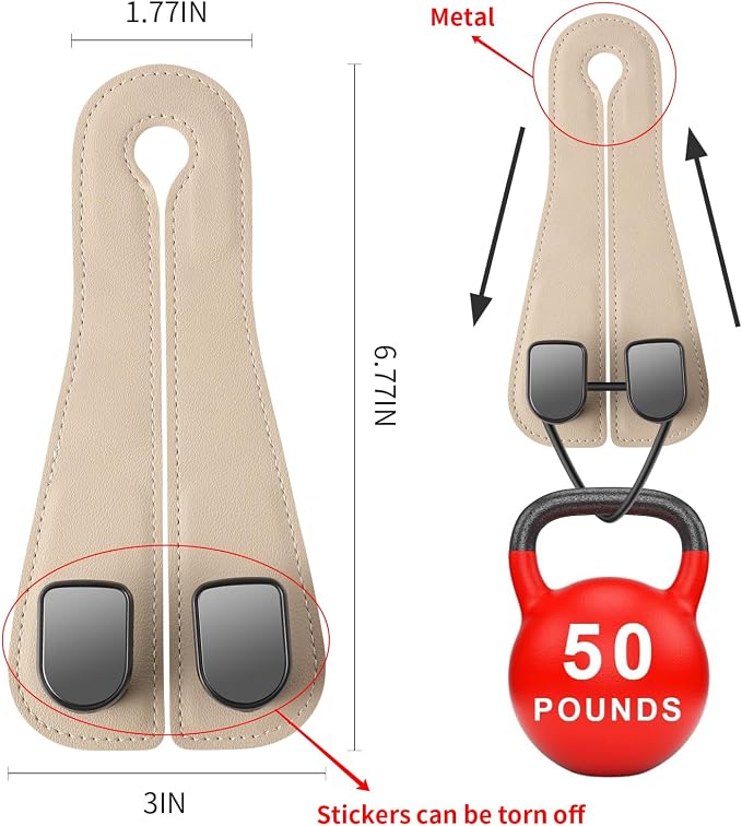 2 Pack Car Headrest Hooks for Purses and Bags Cute Leather Car Seat Back Head Rest Double Hooks for Bags Cute Pink Beige Car Accessories Headrest Back Seat Handbags Hook (Beige 2 Pack)