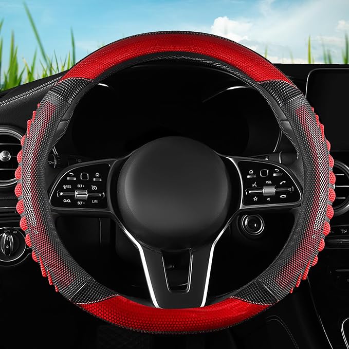 5D Honeycomb Black Red Car Steering Wheel Cover,14.5-15 Inch Universal Carbon Fibre Leather Covers Breathable Anti-Slip Odorless Steering Wheels Accessories for Men Women