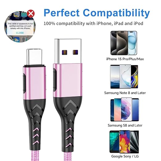 USB C Cable,2Pack 6ft Fast USB Type C Charging Cable for Android/Phone/Pad/Laptop, Type C Charger Braided USB Cable Compatible with iPhone 15 Pro/Plus/Max/Android/Phone/Pad Rose Gold