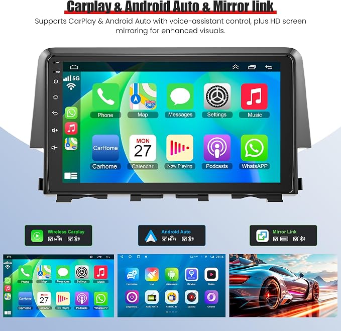 8 Core 6GB+128GB Car Radio Stereo Screen for Honda Civic 2016-2021 | QLED Touch Screen, Carplay&Android Auto&Mirror Link,FM&AM Radio,GPS Navigation,Bluetooth,Back-up Camera,Android 15