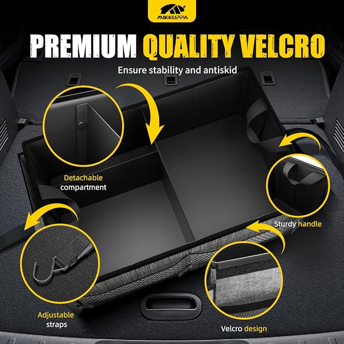 Car Trunk Organizer with Cooler - 65L Collapsible Trunk Organizer with Lid, Sturdy Car Storage for SUV Auto Truck Van with Adjustable Straps and Non Slip Bottom (Gray)