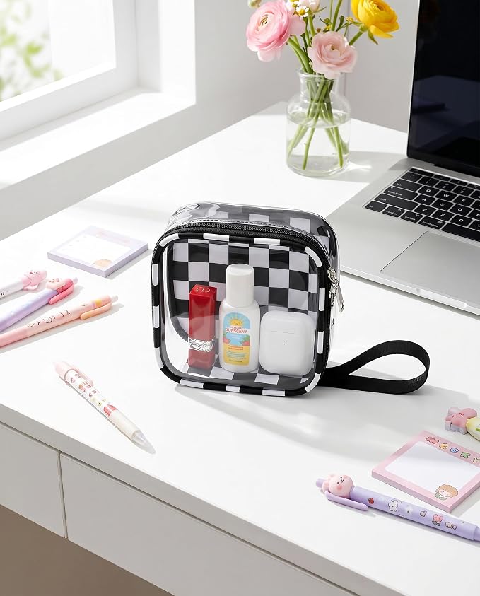 Preppy Clear Makeup Bag Travel Cosmetic Case Transparent Black and Beige Checkered Toiletry Bag with Zipper,Portable Make Up Organizer Traveling Compact Car Bag for Essentials