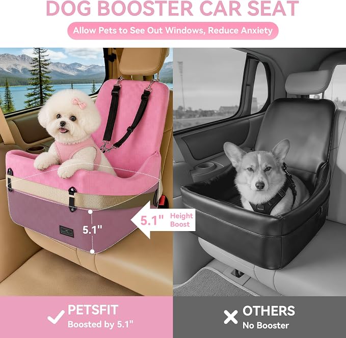 Dog Car Seat for Small/Medium Dogs Up to 35 lbs – Patented Safety System, 5" Memory Foam Pet Booster Car Seat, Fully Detachable and Washable Dog Carseat with 2 Storage Pockets (Pink)