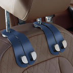 CoBak Purse Hook for Car - Universal Premium Stitched Leather and Aluminum-Magnesium Alloy Double Car Seat Back Storage Hook for Purses, Handbags, Bags (2 Pack),Indigo Blue
