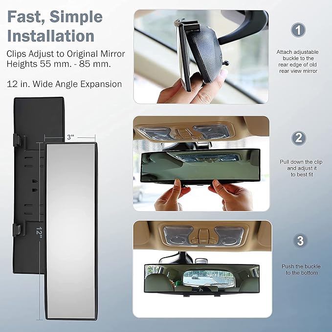 Verivue Universal Panoramic 12-Inch Rear View Mirror, Anti-Glare Wide Angle Car Mirror, Rearview Mirrors Accessory for Baby Rear-Facing, Clear Panoramic Convex Mirrors for cars