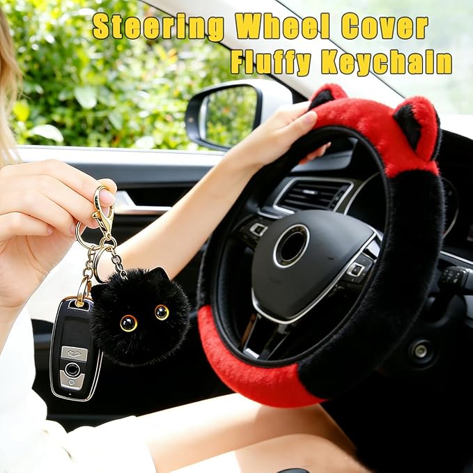 Fluffy Car Steering Wheel Cover with Keychain Fit 14-15 inch Black and Red | Cute Ears Steering Wheel Covers for Women Girls Universal Elastic Stretch Steering Wheel Protector Accessories