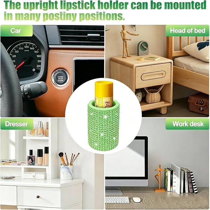 Upright Car Chapstick Holder, Bling Insulating Lip Balm Holder,Rhinestone Car Accessories for Women Interior,Suitable for Most Vehicles. (Green)