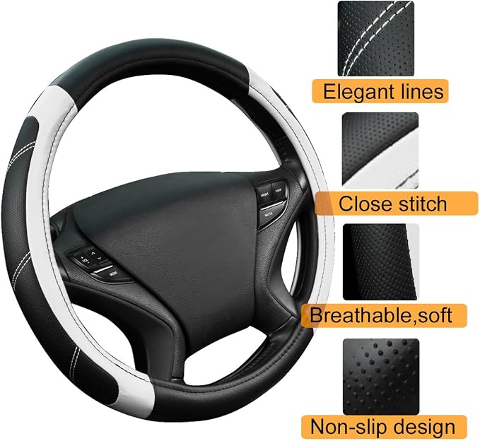 Line Rider Microfiber Leather Sporty Steering Wheel Cover Universal Fits for 95% Truck,SUV,Cars,14.5-15inch Anti-Slip Safety Comfortable Desgin (Black-White)