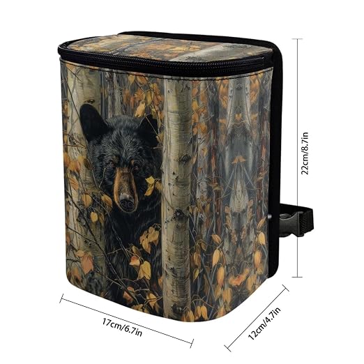 Bear Hunting Camo Print Car Trash Can with Lid, Leak Proof Auto Trash Bag Hanging Vehicle Garbage Can Multipurpose Storage Container for Back Seat Road Trip