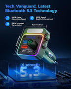 54W Bluetooth 5.3 Car Adapter with 4 Charging Ports [PD 36W & QC3.0 18W], Wireless Radio FM Transmitter with Deep Bass Player & 5 Colors LED Backlit, Hands-Free Calling - Green