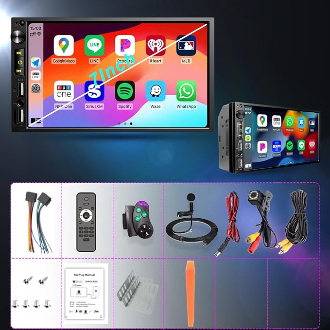 7 inch Double Din Car Stereo with Wireless Apple CarPlay, Android Auto Car Radio, Bluetooth 5.2, IPS 1024 * 600 Touchscreen, Backup Camera, FM Radio,Dual USB/Fast Charging/Subwoofer/Car Play