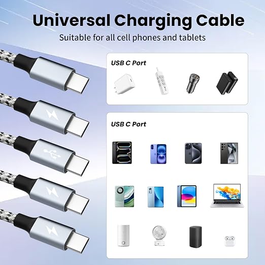 USB C Multi Charging Cable, Dual Type C Cable 1Pack 5FT, USB C Splitter with 4 Type-C Connectors,4 in 1 Multiple Nylon Braided Cable Compatible with iPhone 15 Pro Max/Galaxy/Tablets/Google.