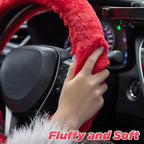 Furry Car Steering Wheel Cover with Fluffy Gear Shift Cover Soft Warm Non-Slip Car Decoration for Women Girls 2 PCS Set, Red