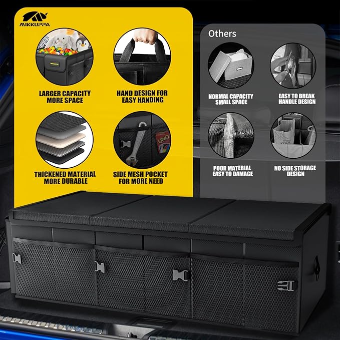 Car Trunk Organizer - 95L Collapsible Trunk Organizer with Lid, Sturdy Car Storage for SUV Auto Truck Van with Adjustable Straps and Non Slip Bottom (Black, XX-Large)