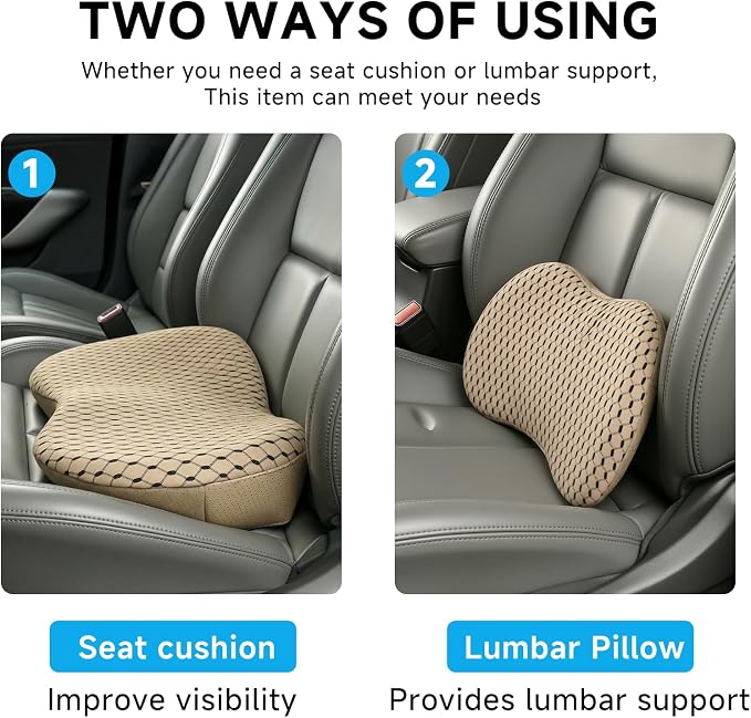 Car Seat Cushion - Memory Foam Seat Pad for Sciatica & Lower Back Pain Relief - Driving Cushion with Breathable Mesh Cover - Road Trip Essentials for Drivers (3D Beige)