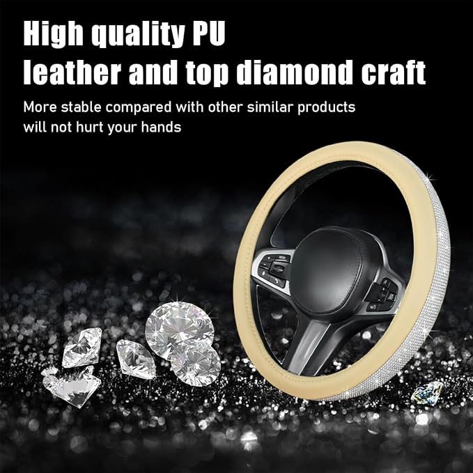 Steering Wheel Cover, Bling Crystal Rhinestones Auto Wheel Protector, Sparkly Cover Universal Fit Diverse 14.5-15 inch Steering Wheel, Interior Decor Car Accessories (White+Beige)