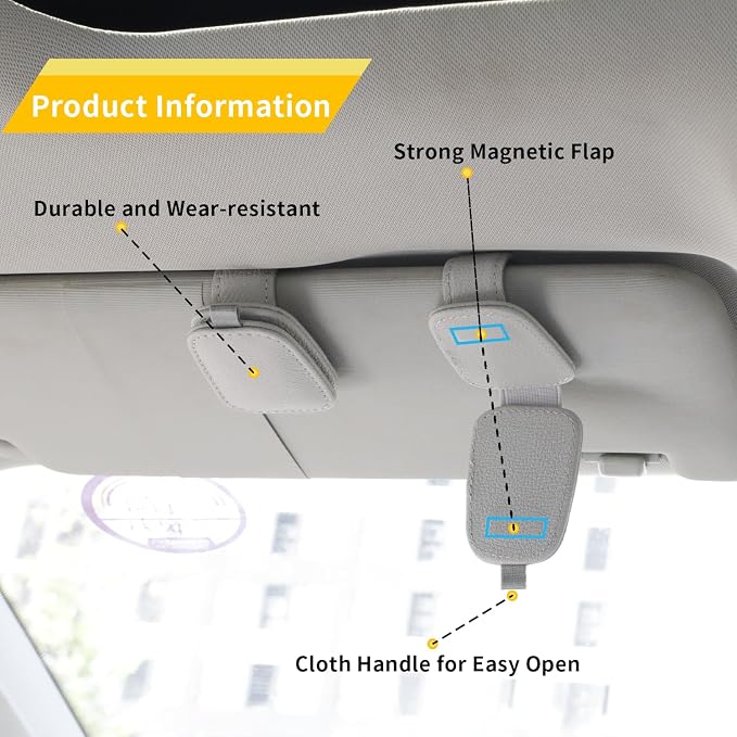 Magnetic Leather Sunglasses Holder for Car, 2 Packs (Silver Grey) | Magnetic Car Visor Accessories